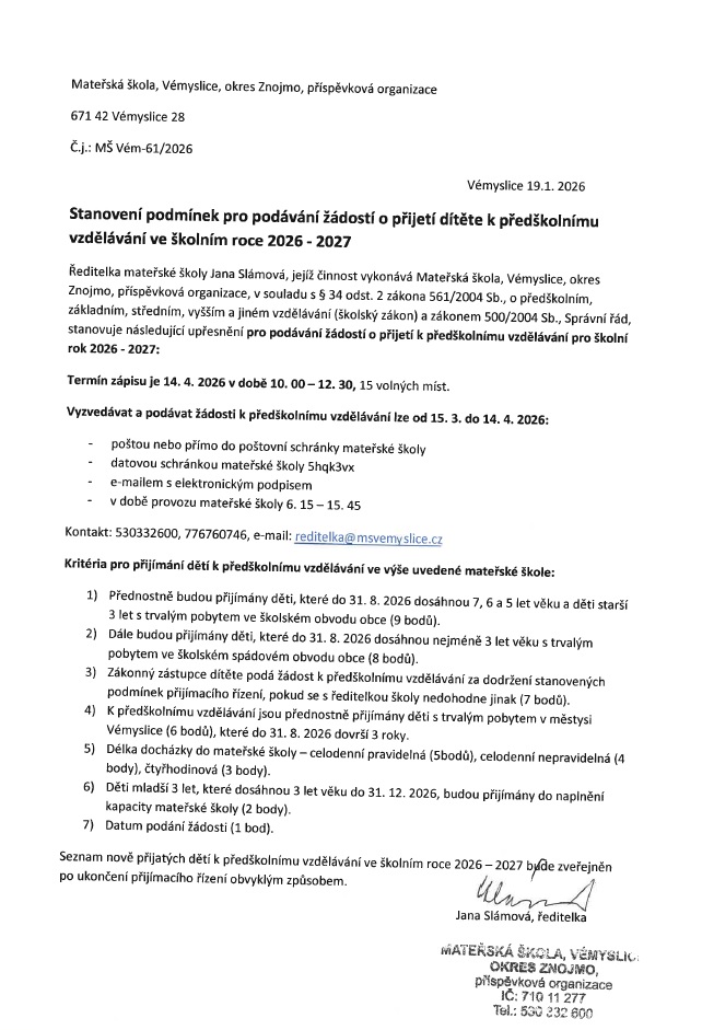 zápis MŠ Vémyslice
